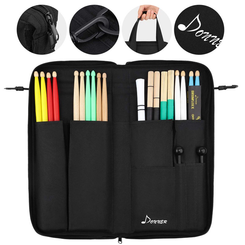 Donner Drumsticks Bag Holder Thickened Large Capacity Drum Sticks Bag Hangable Portable for Drumsticks Brushes Mallets Up to 12 Pairs, Black - Image 1